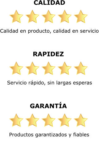 CALIDAD Calidad en producto, calidad en servicio    RAPIDEZ Servicio rápido, sin largas esperas    GARANTÍA Productos garantizados y fiables